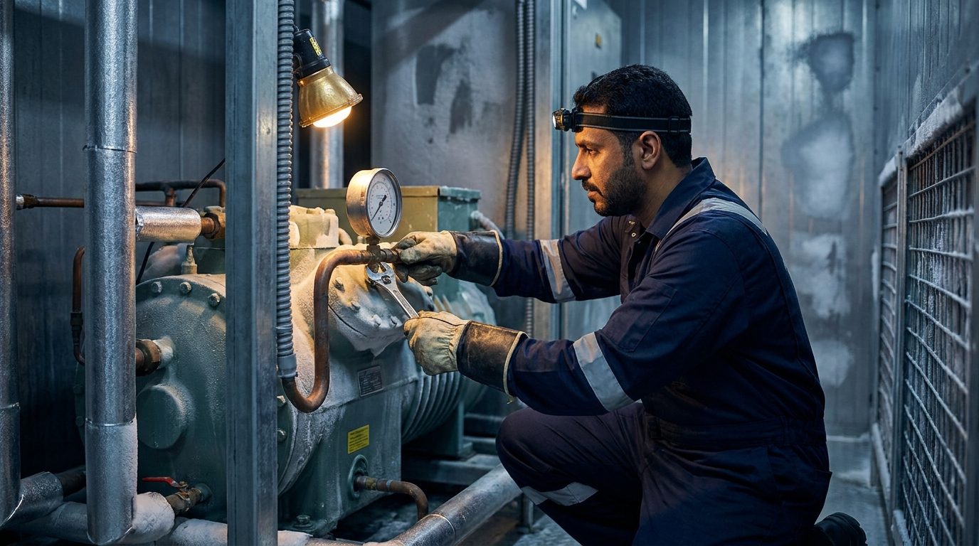 فني تبريد وتكييف سعودي يفحص ضاغط تبريد بغرفة تبريد